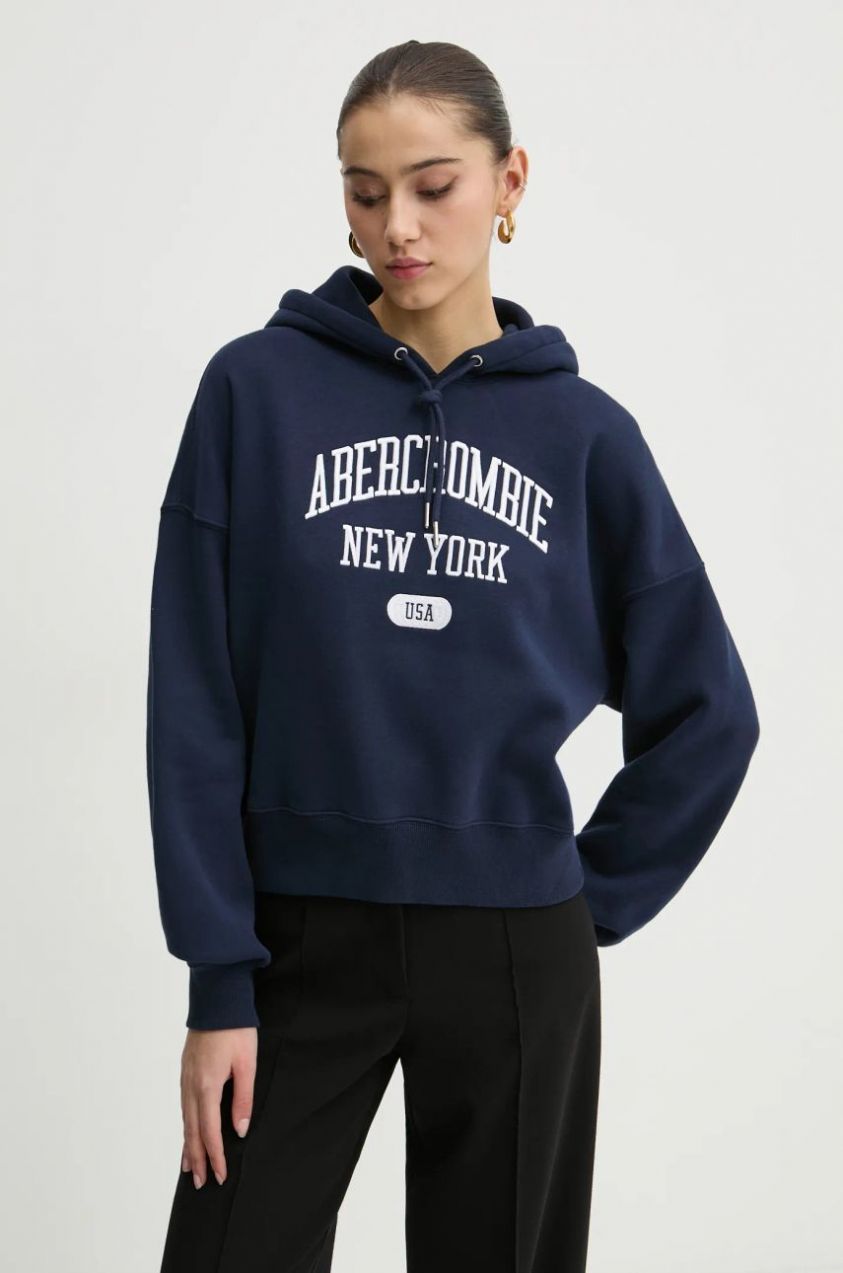 Mikina Abercrombie & Fitch dámska, tmavomodrá farba, s kapucňou, s nášivkou, KI152-4201