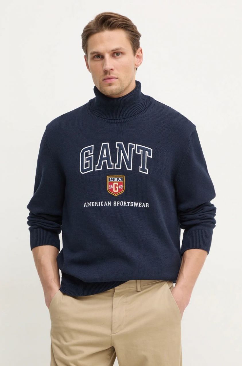 Sveter Gant pánsky, farba modrá, s golierom, 8030224