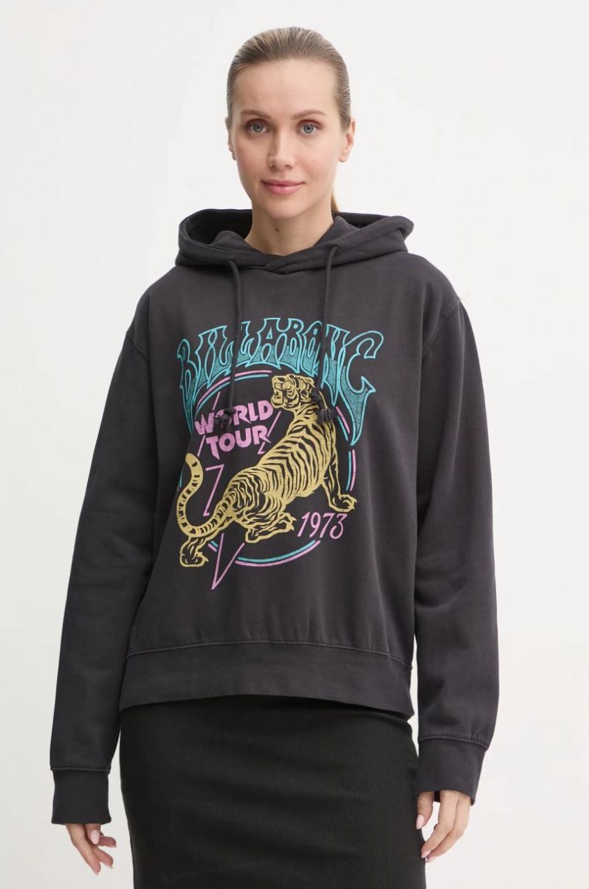 Mikina Billabong Tiger Tour dámska, čierna farba, s kapucňou, s potlačou, EBJSF00157