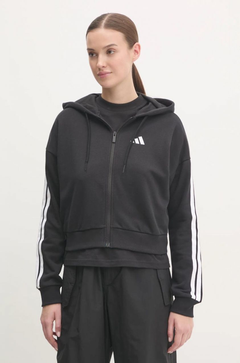 Mikina adidas Essentials dámska, čierna farba, s kapucňou, s nášivkou, JE0052