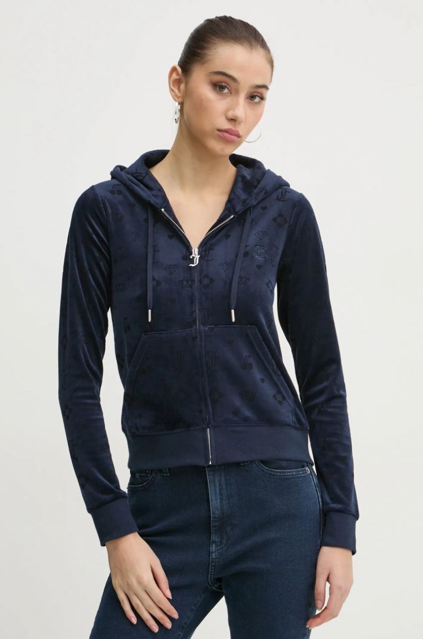 Velúrová mikina Juicy Couture tmavomodrá farba, s kapucňou, vzorovaná, JCWAS125302