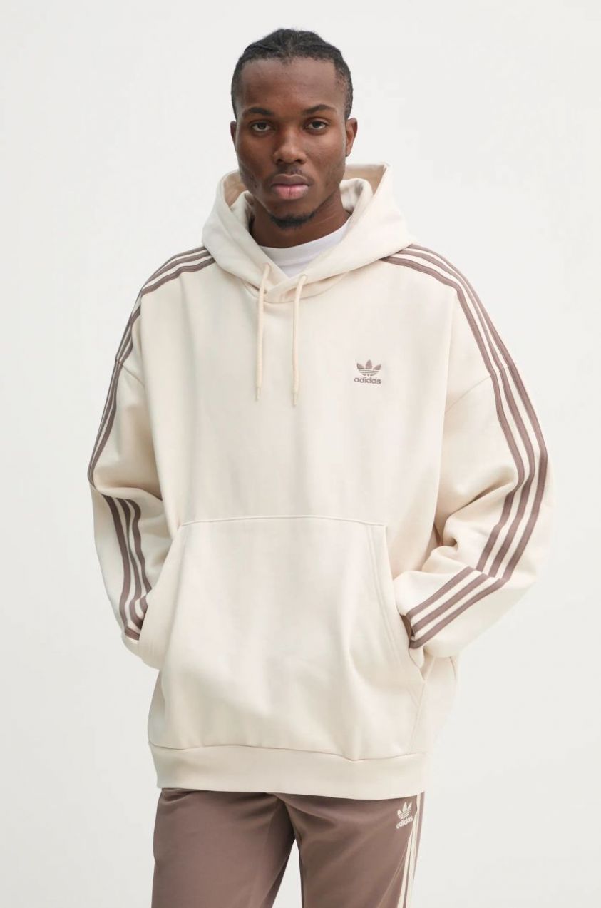 Mikina adidas Originals BAGGY HOODIE pánska, béžová farba, s kapucňou, s nášivkou, JP1073