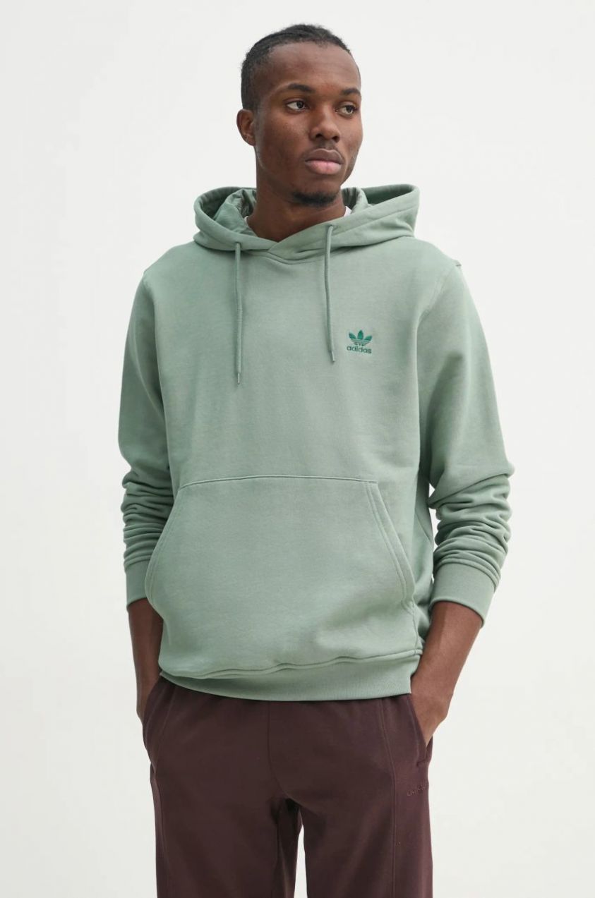 Bavlnená mikina adidas Originals Essential pánska, zelená farba, s kapucňou, jednofarebná, JD2410