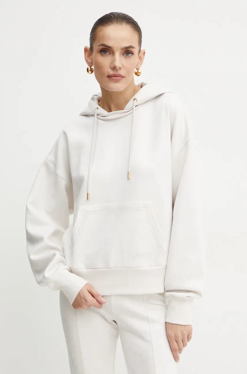 Mikina Guess dámska, šedá farba, s kapucňou, s nášivkou, W4BQ09 KAUJ2