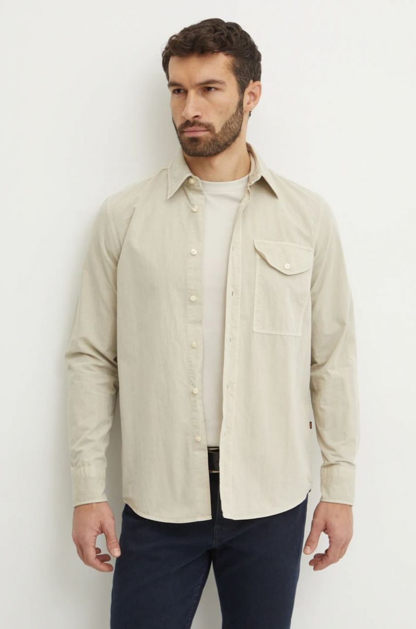 Košeľa Boss Orange pánska, béžová farba, regular, s klasickým golierom, 50530932