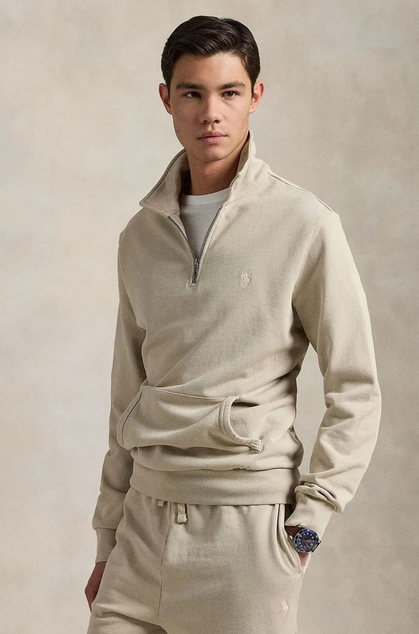 Bavlnená mikina Polo Ralph Lauren pánska, béžová farba, jednofarebná, 710934601