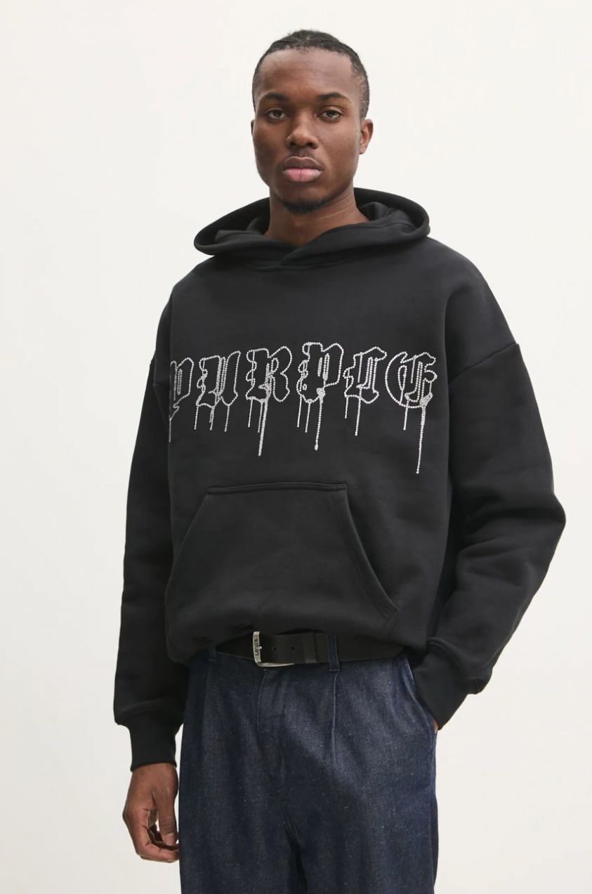 Bavlnená mikina PURPLE BRAND HWT FLEECE PO HOODY pánska, čierna farba, s kapucňou, s nášivkou, P401-HBGD125