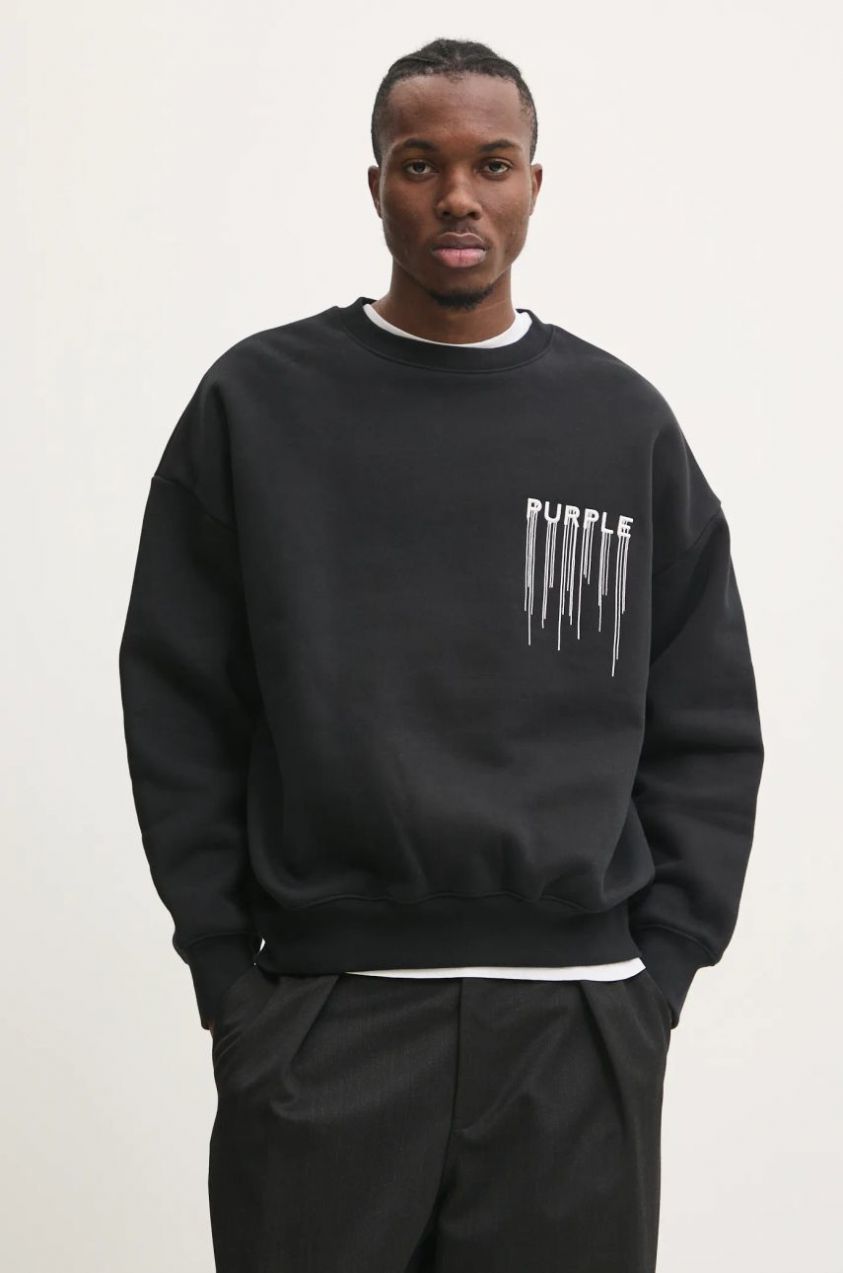Bavlnená mikina PURPLE BRAND HWT FLEECE CREWNECK pánska, čierna farba, s nášivkou, P402-HBWD125