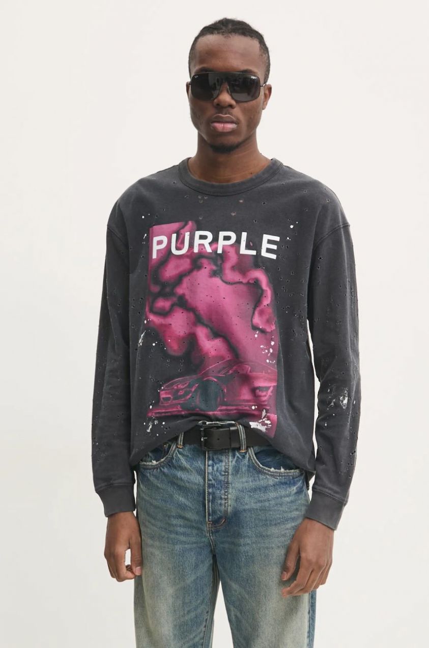 Bavlnené tričko s dlhým rukávom PURPLE BRAND TEXTURED JERSEY LS TEE šedá farba, s potlačou, P204-JBFP125