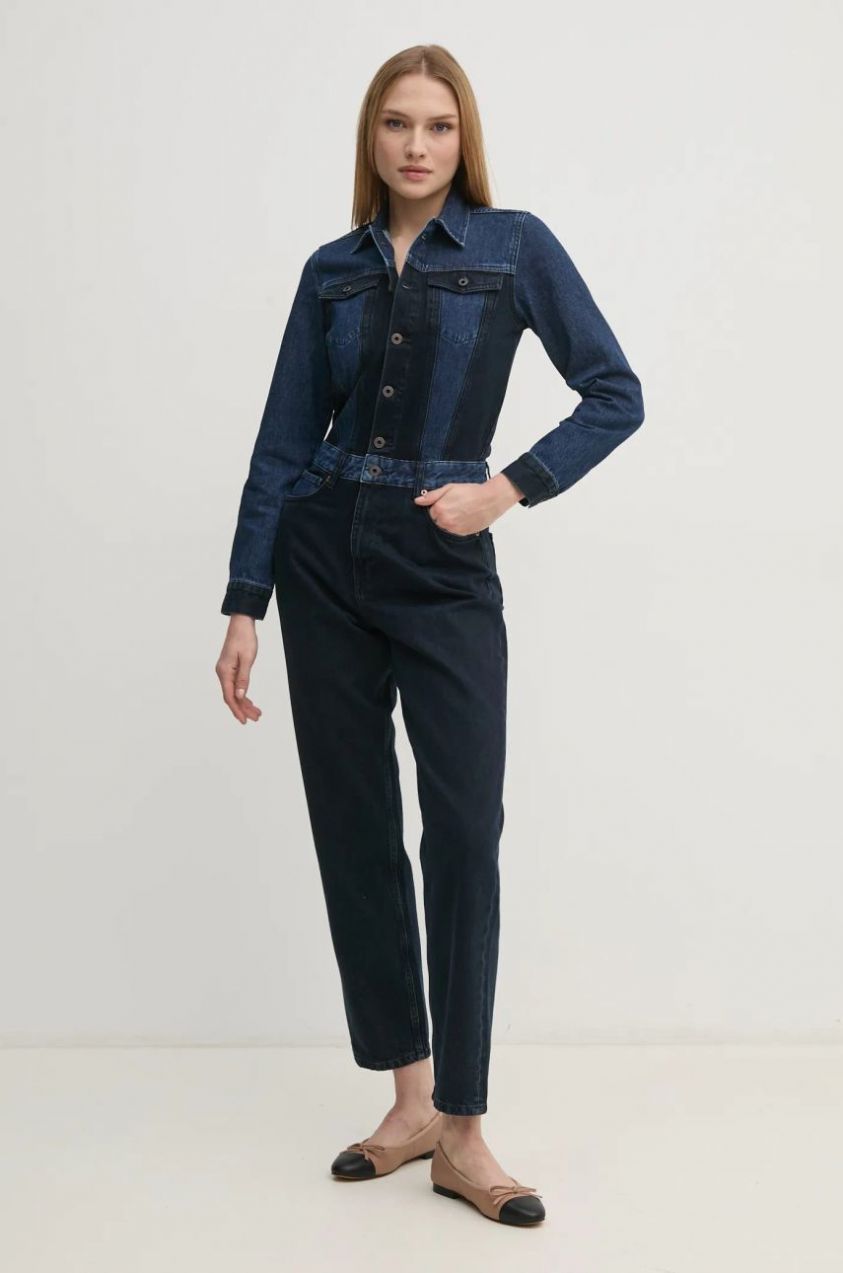 Rifľový overal Pepe Jeans VALERIE tmavomodrá farba, bavlnený, s golierom, PL230508