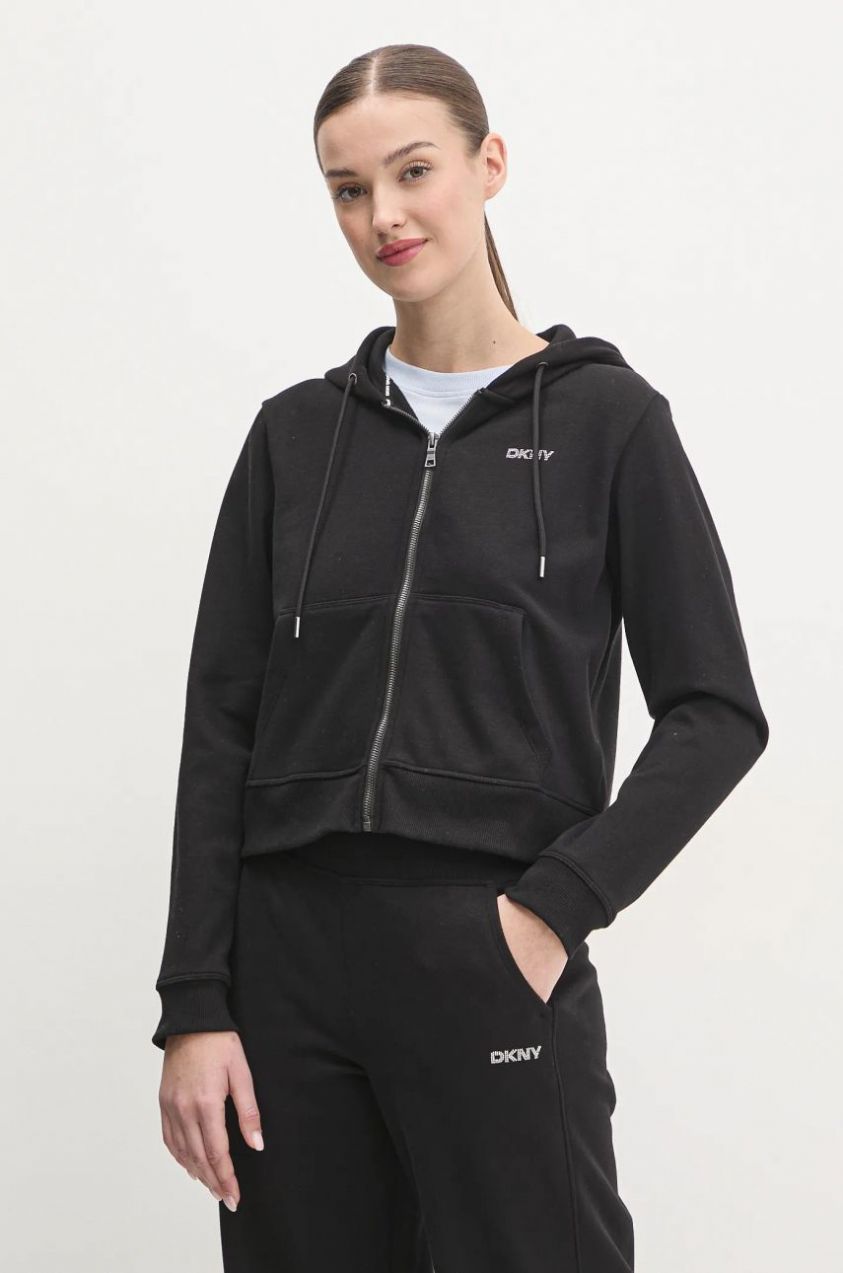 Mikina Dkny dámska, čierna farba, s kapucňou, jednofarebná, DP5J9508