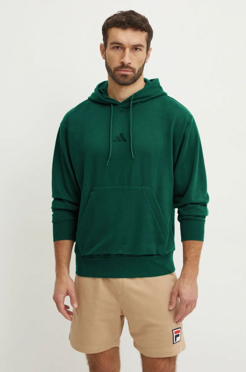 Mikina adidas Feelcozy pánska, zelená farba, s kapucňou, jednofarebná, JE3802