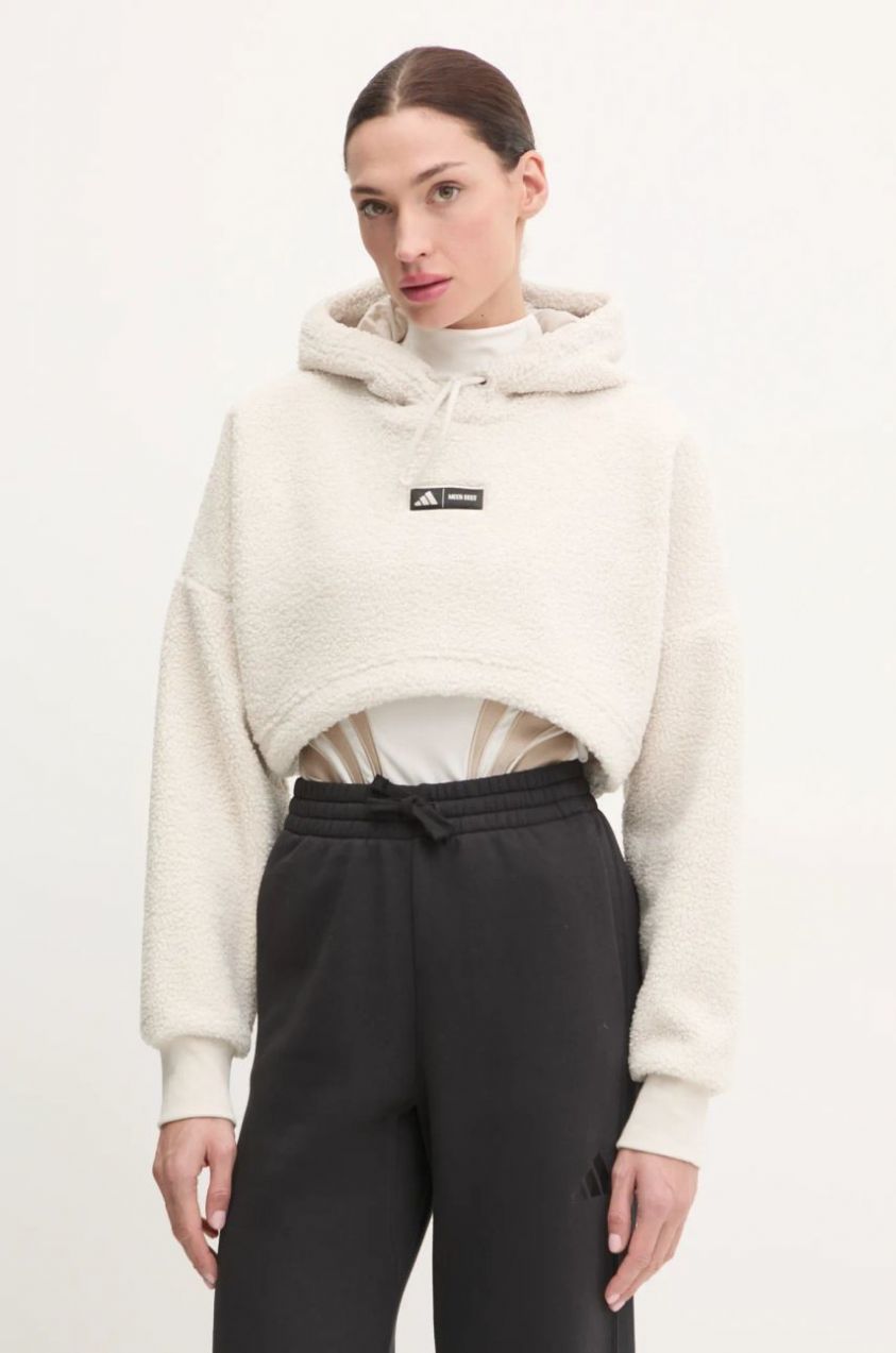 Fleecová mikina adidas x Moon Boot béžová farba, s kapucňou, s nášivkou, IY8050