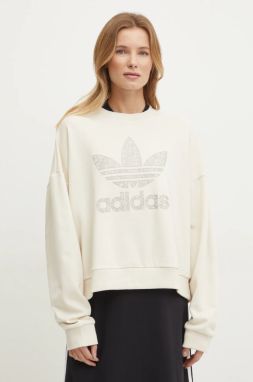 Bavlnená mikina adidas Originals SNAKE CREW dámska, béžová farba, s potlačou, JC8329