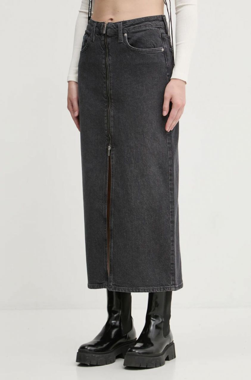 Rifľová sukňa Karl Lagerfeld Jeans šedá farba, midi, rovný strih, A1W12008