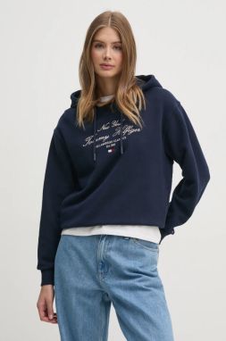 Bavlnená mikina Tommy Hilfiger dámska, tmavomodrá farba, s kapucňou, s nášivkou, WW0WW43842