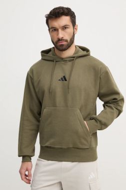 Mikina adidas Feelcozy pánska, zelená farba, s kapucňou, jednofarebná, JE3799