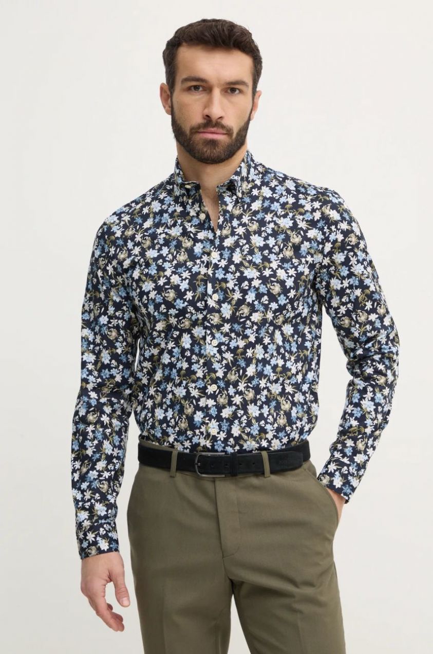 Košeľa Lindbergh pánska, tmavomodrá farba, slim, s golierom button-down, 30-203538