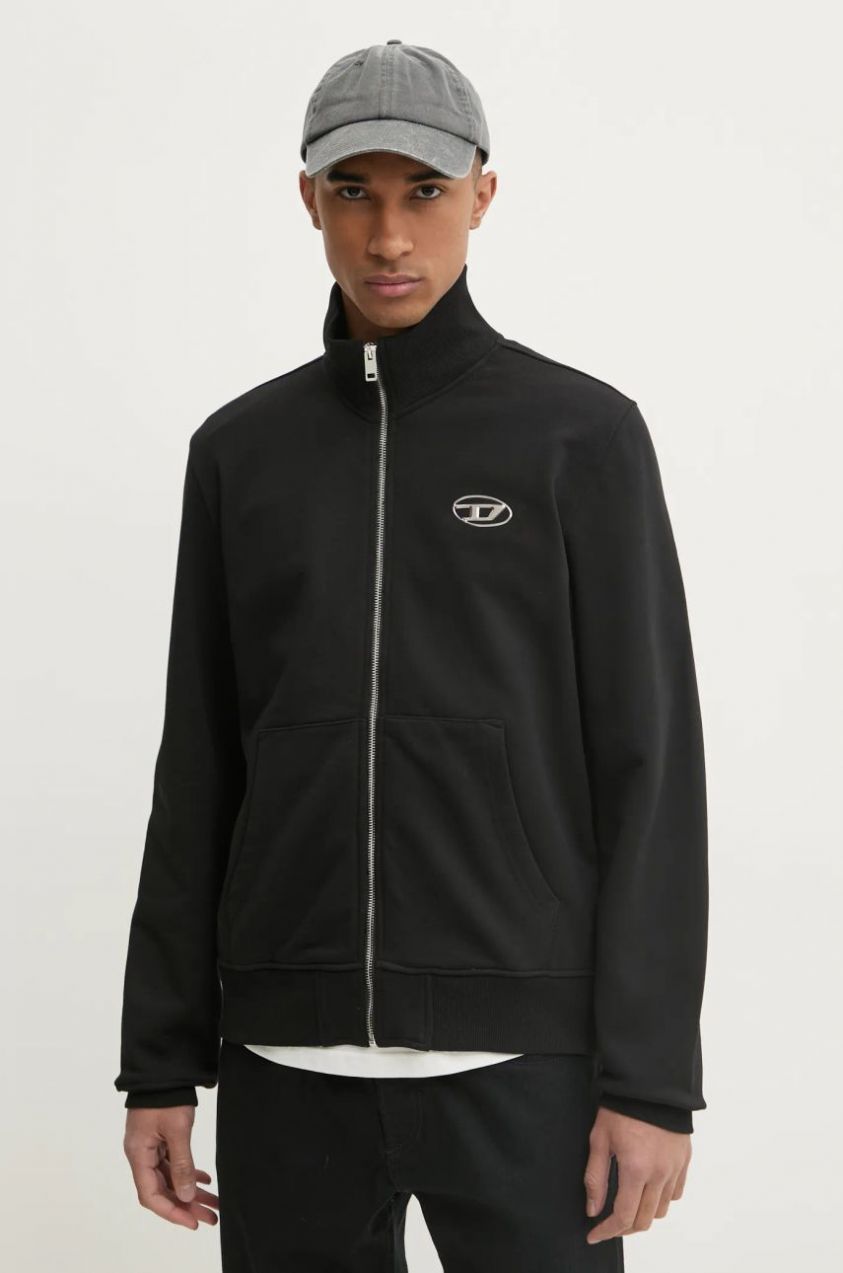 Mikina Diesel S-GINNI-ZIP-OD SWEAT-SHIRT pánska, čierna farba, s nášivkou, A11439.0BMBJ