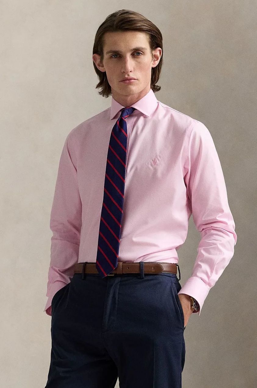 Bavlnená košeľa Polo Ralph Lauren pánska, ružová farba, slim, s talianskym golierom, 712969015