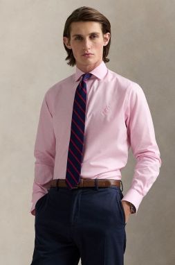 Bavlnená košeľa Polo Ralph Lauren pánska, ružová farba, slim, s talianskym golierom, 712969015