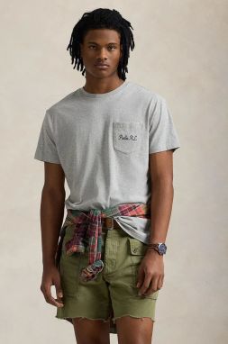 Bavlnené tričko Polo Ralph Lauren pánske, šedá farba, s potlačou, 710961125