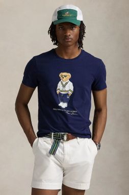 Bavlnené tričko Polo Ralph Lauren pánske, tmavomodrá farba, s potlačou, 710973137