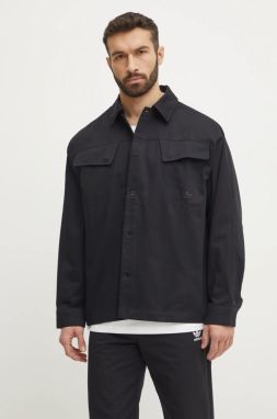 Bavlnená košeľa adidas Originals Essential pánska, čierna farba, voľný strih, s klasickým golierom, JC9602