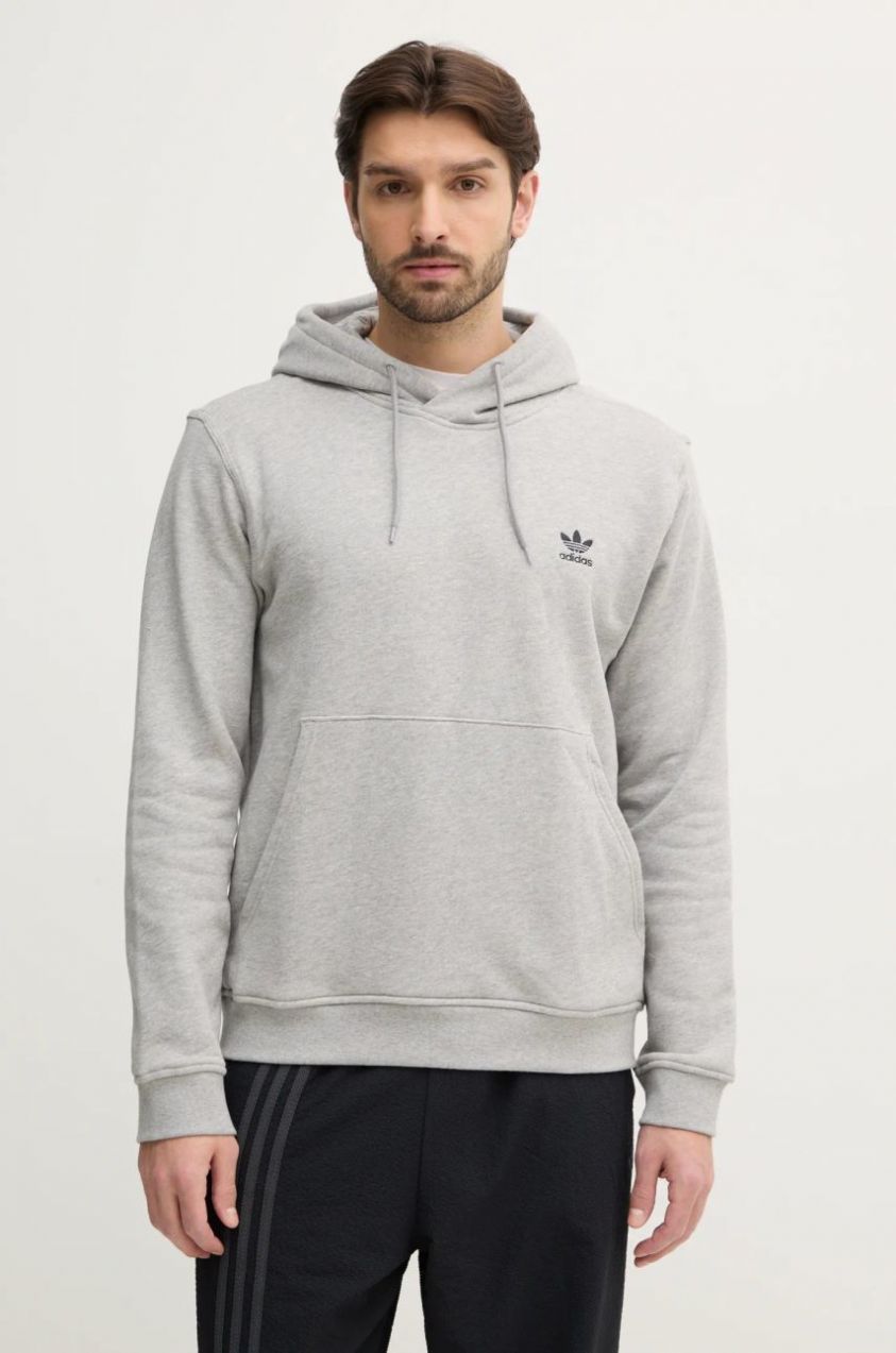 Bavlnená mikina adidas Originals Essential pánska, šedá farba, s kapucňou, jednofarebná, JD2405