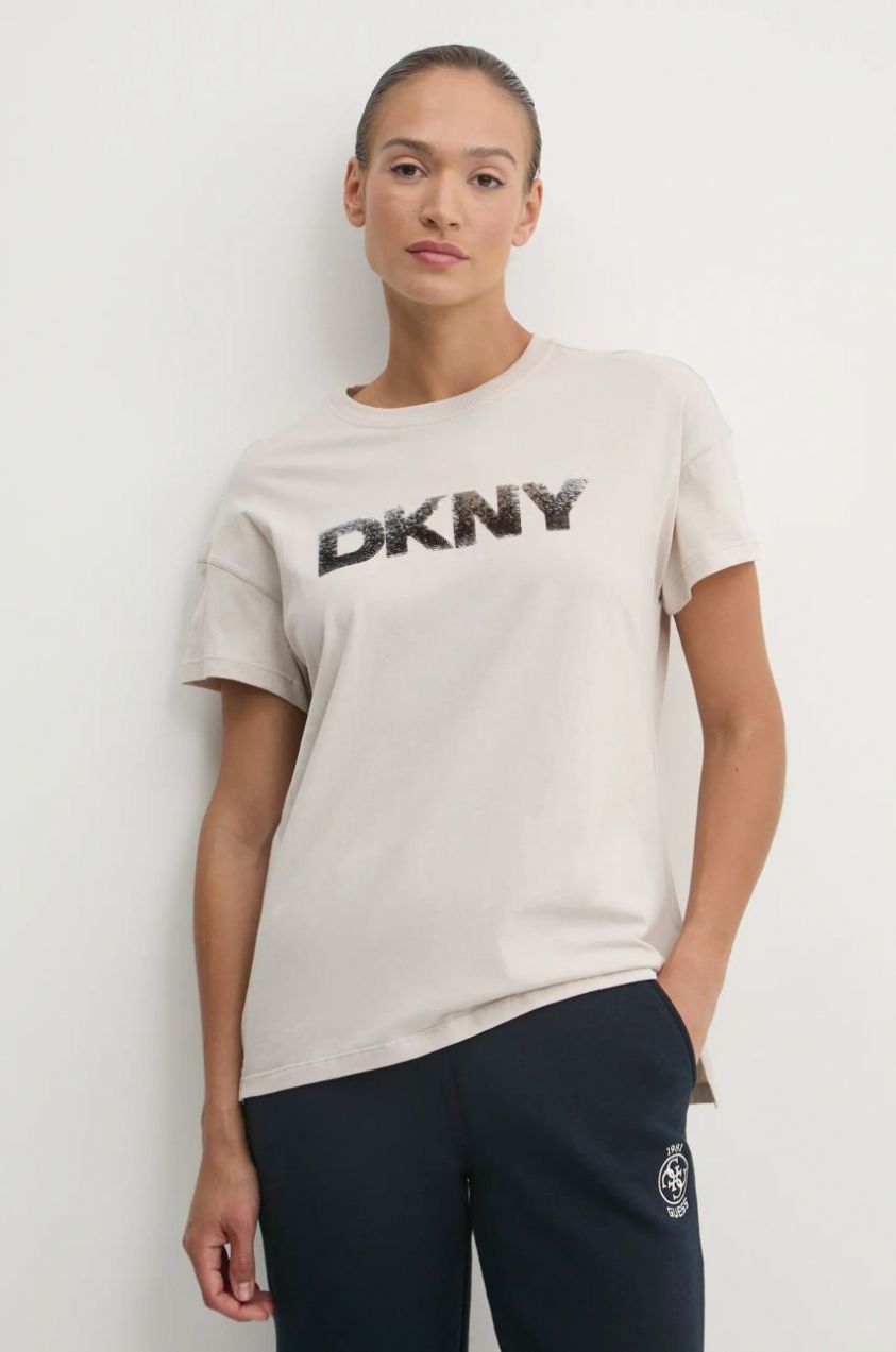 Bavlnené tričko Dkny dámske, béžová farba, DP4T1036