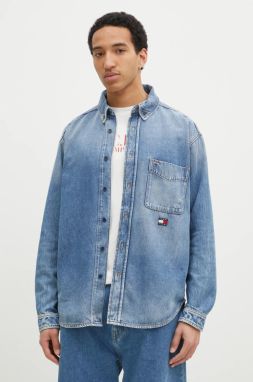 Rifľová košeľa Tommy Jeans pánska, voľný strih, s golierom button-down, DM0DM20650