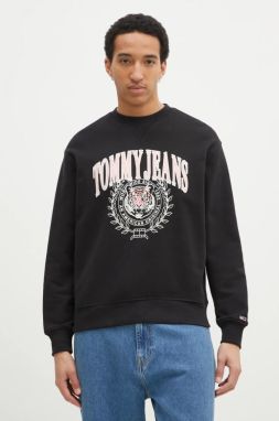 Bavlnená mikina Tommy Jeans pánska, čierna farba, s nášivkou, DM0DM20640