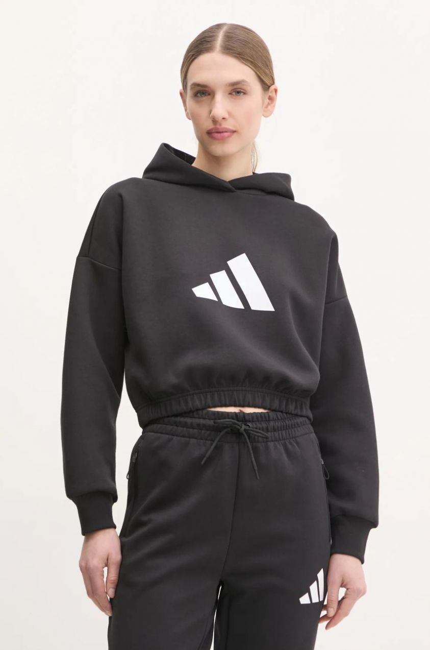 Mikina adidas Future Icons dámska, čierna farba, s kapucňou, s potlačou, JE0136