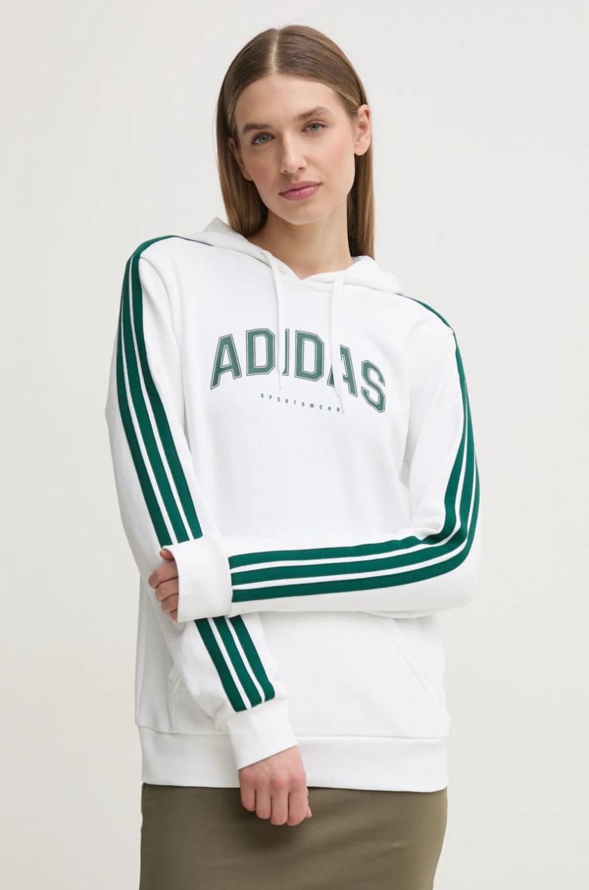 Mikina adidas W L SOFTS Collegiate dámska, biela farba, s kapucňou, s potlačou, JV9149