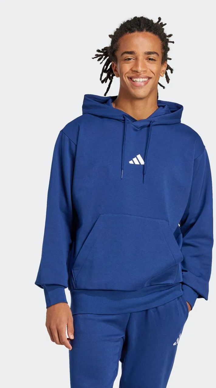 Mikina adidas Feelcozy pánska, tmavomodrá farba, s kapucňou, s nášivkou, JE3810