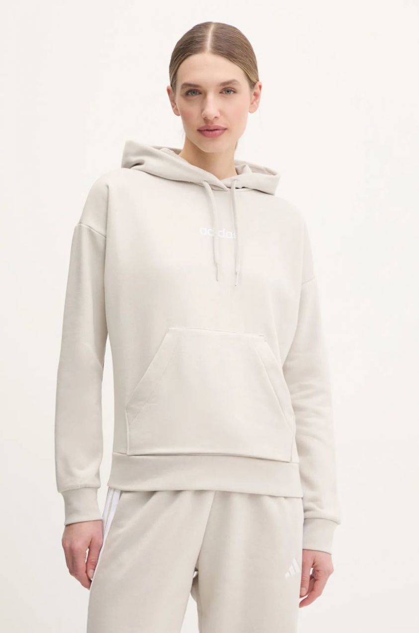 Mikina adidas Essentials Linear dámska, béžová farba, s kapucňou, jednofarebná, JG8652