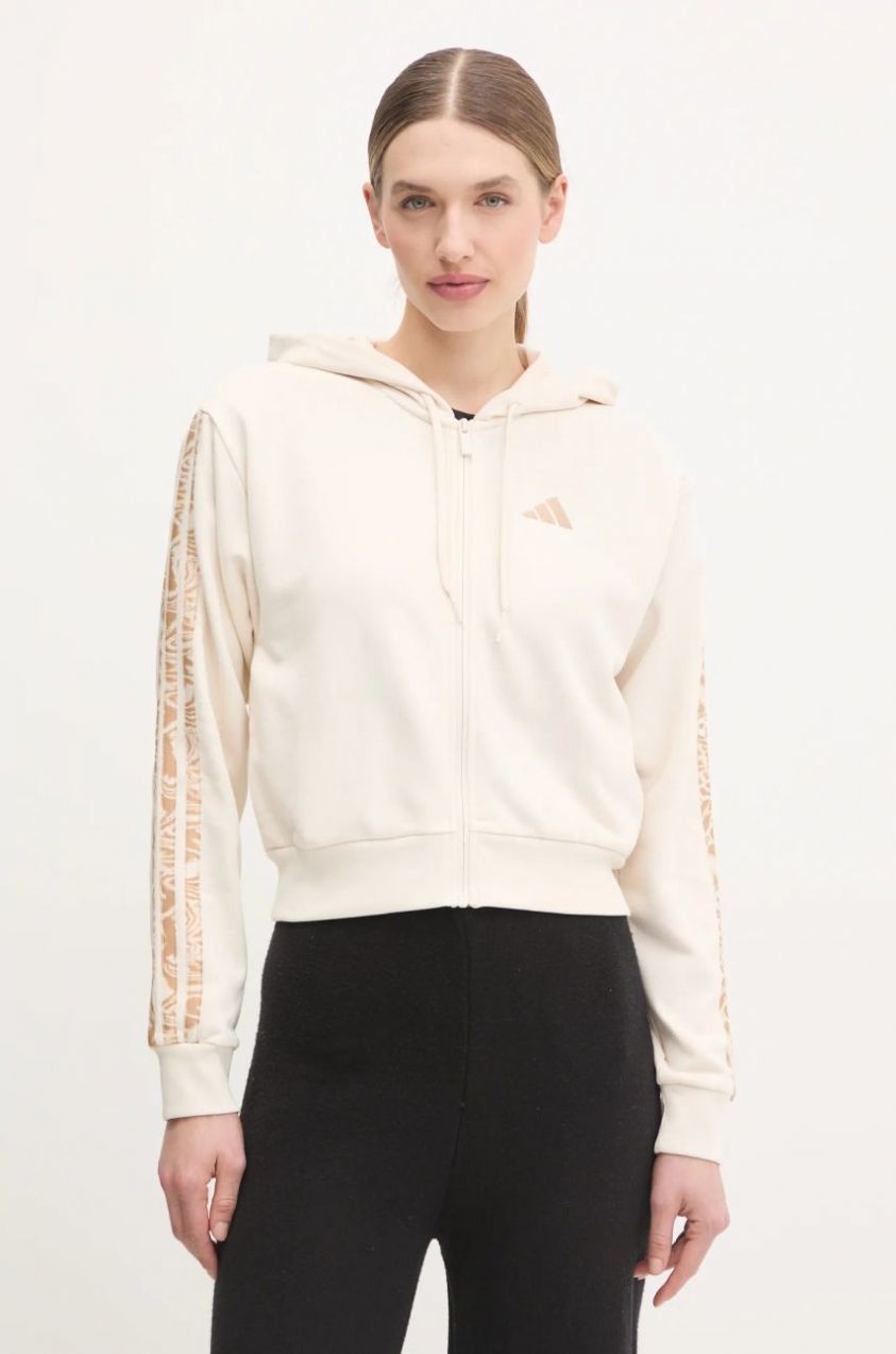 Mikina adidas Essentials Animal dámska, béžová farba, s kapucňou, vzorovaná, JM1665
