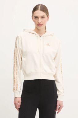Mikina adidas Essentials Animal dámska, béžová farba, s kapucňou, vzorovaná, JM1665