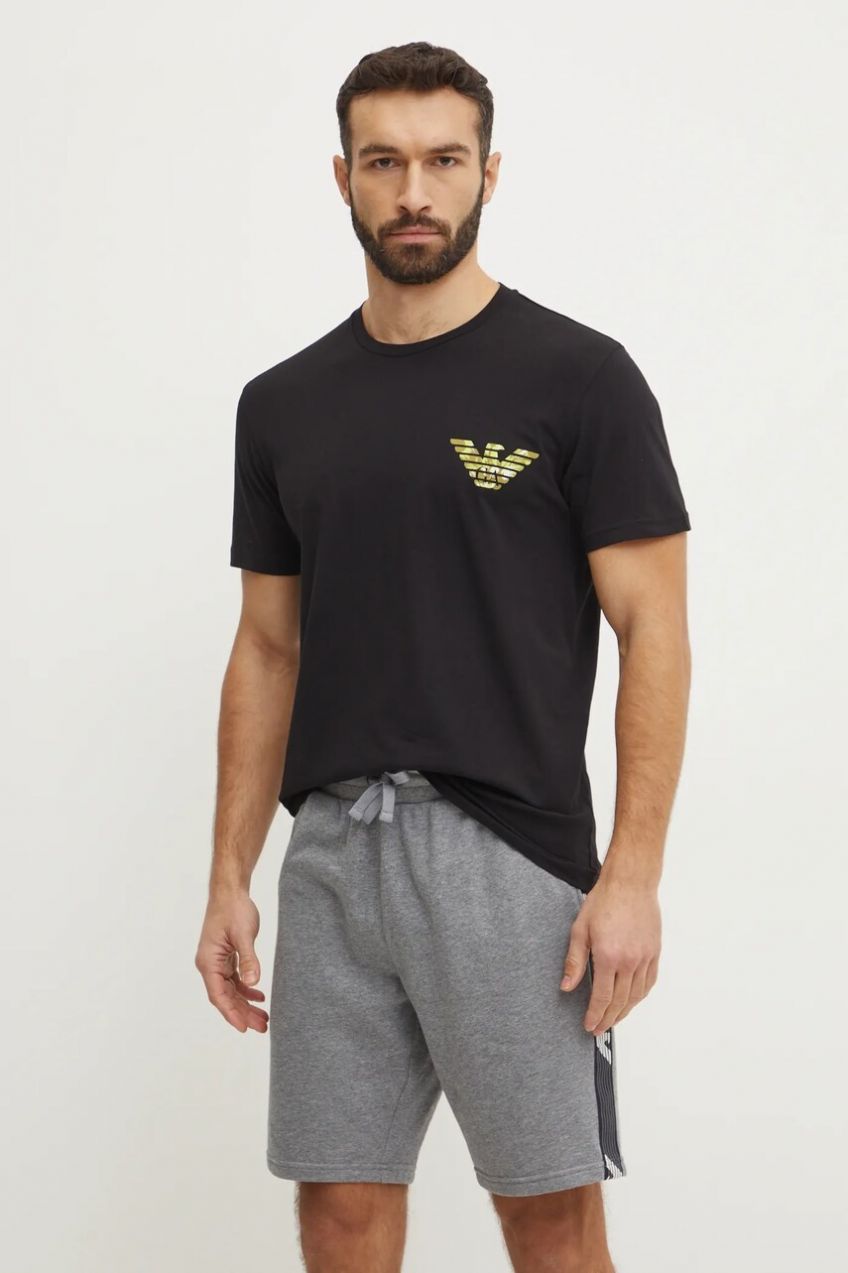 Bavlnené plážové tričko Emporio Armani Underwear čierna farba, s potlačou, EM000574 AF12349