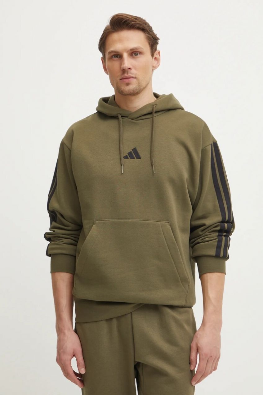Mikina adidas Essentials pánska, zelená farba, s kapucňou, s nášivkou, JD1847