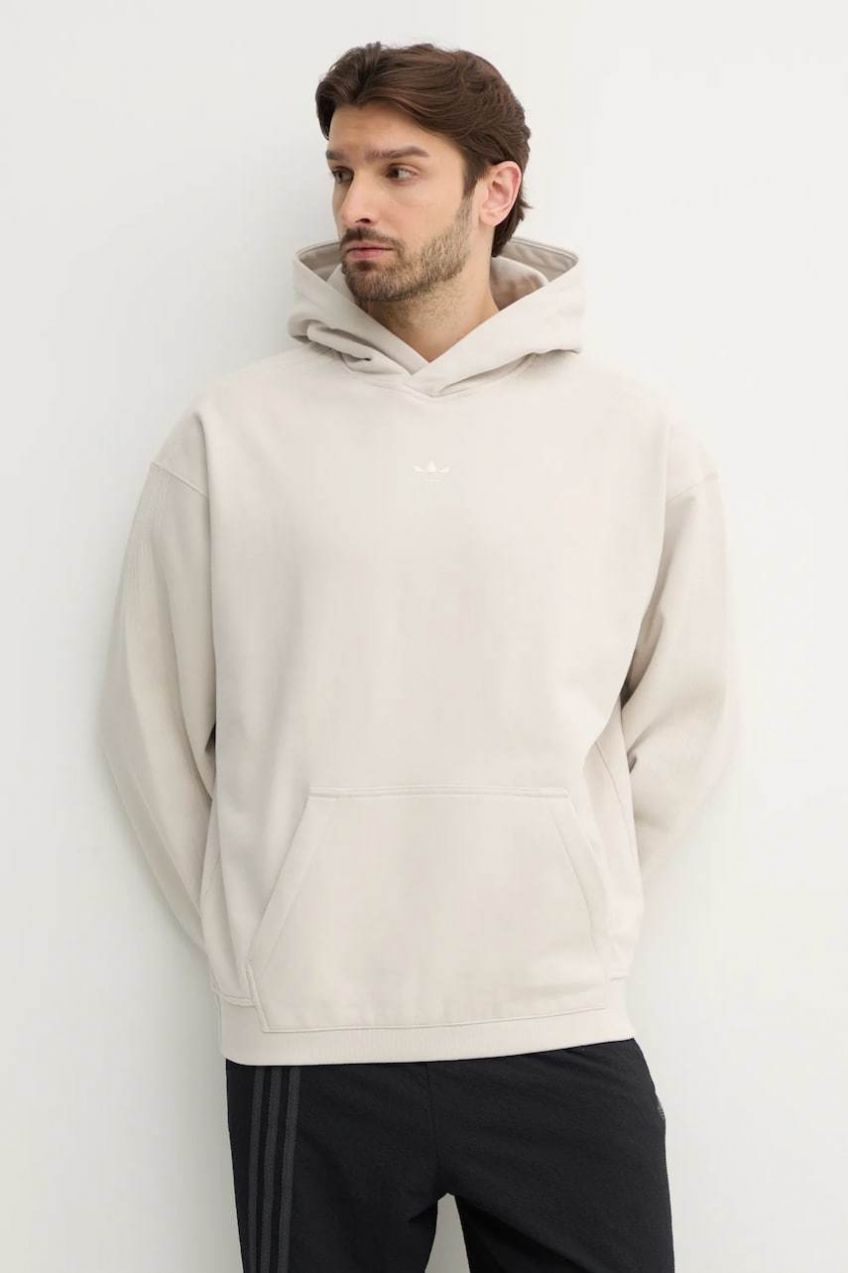 Bavlnená mikina adidas Originals Essential pánska, béžová farba, s kapucňou, jednofarebná, JD3299