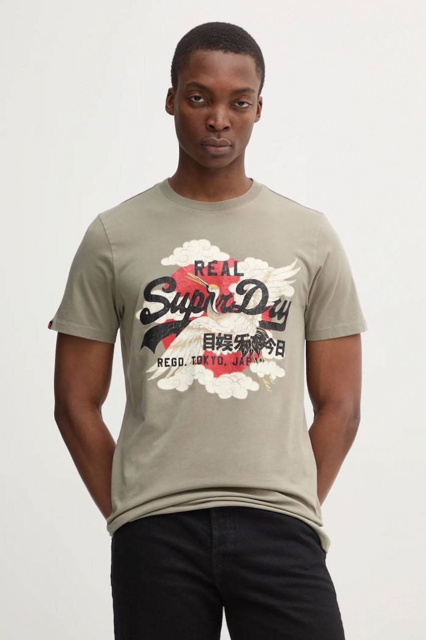 Tričko Superdry pánske, zelená farba, s potlačou, M1012111A-1KH