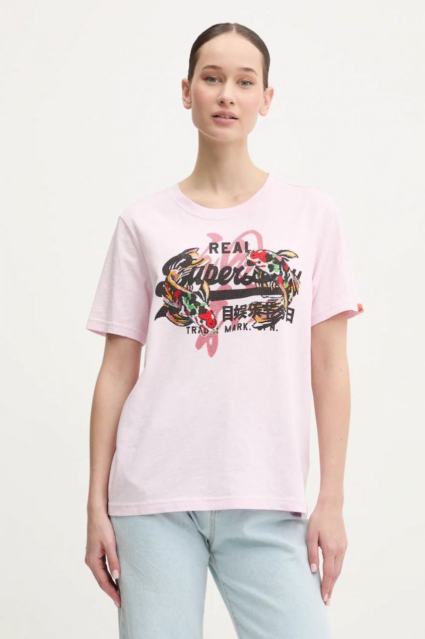 Bavlnené tričko Superdry dámske, ružová farba, W1011627A-9HQ