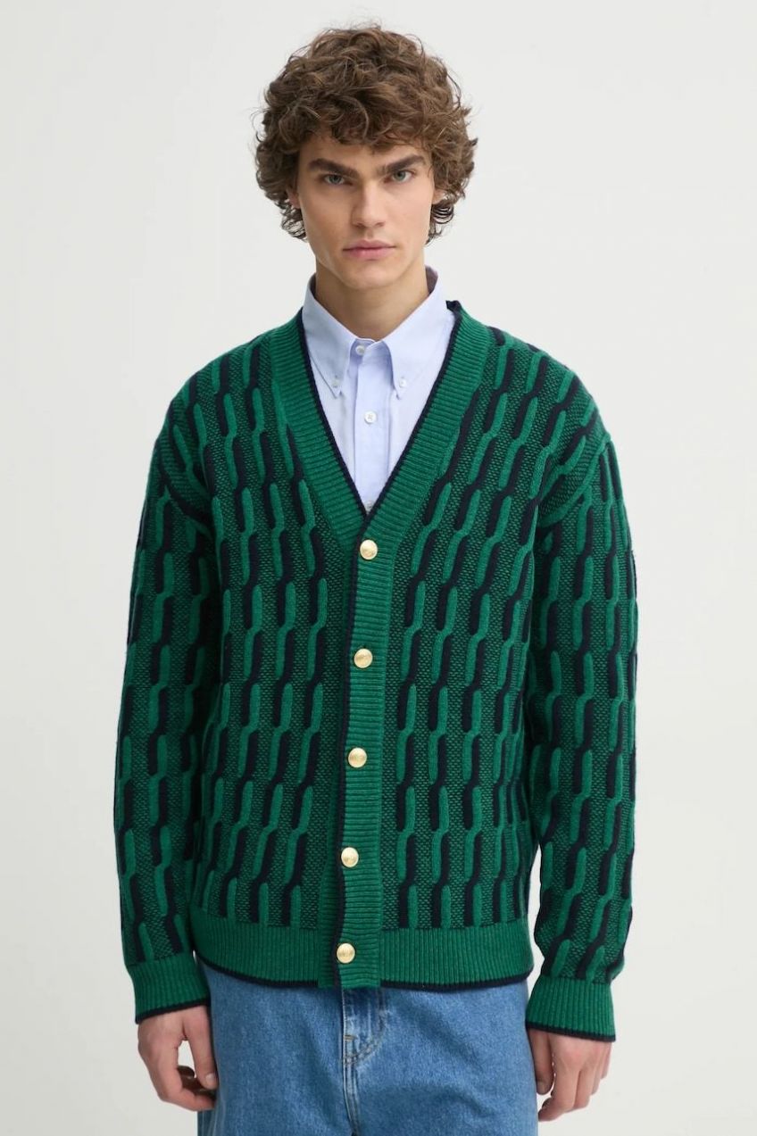 Vlnený kardigán Drôle de Monsieur Le Cardigan Torsades Bicolore zelená farba, F-CA150-WO018-DGN
