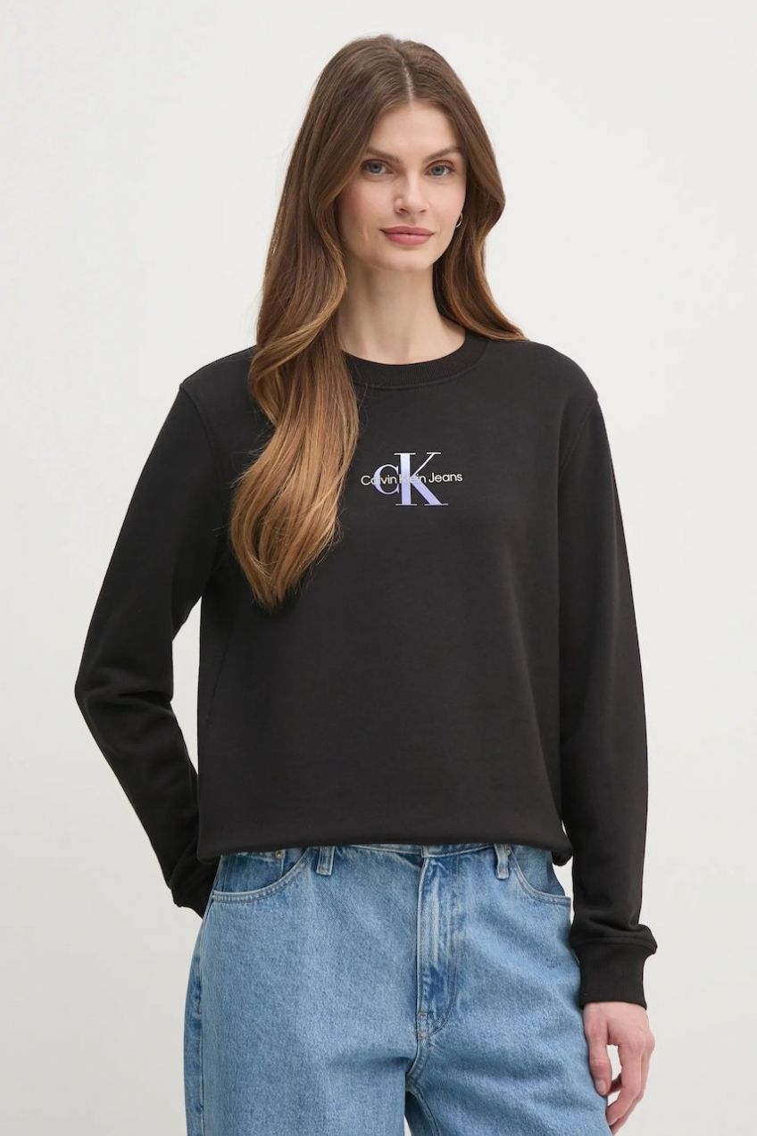 Bavlnená mikina Calvin Klein Jeans dámska, čierna farba, s potlačou, J20J225360