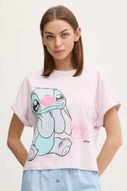 Bavlnené pyžamové tričko United Colors of Benetton LILO&STITCH ružová farba, bavlnená, 30963M07C