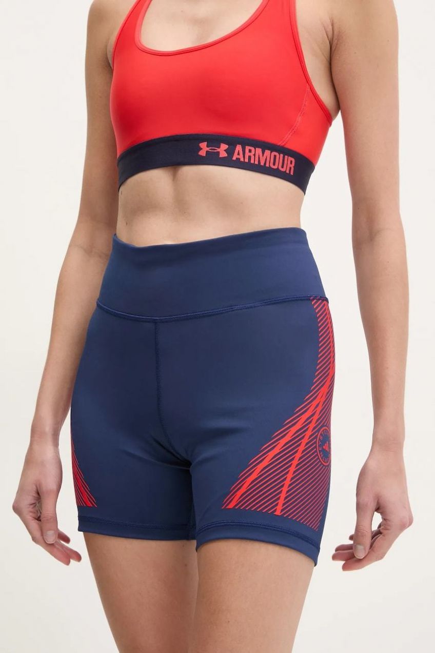 Tréningové šortky adidas by Stella McCartney TruePace tmavomodrá farba, s potlačou, vysoký pás, JF3800