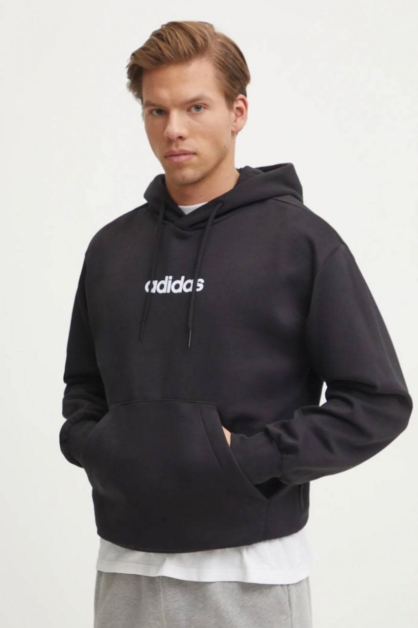 Mikina adidas Essentials Linear pánska, čierna farba, s kapucňou, s potlačou, JN1759