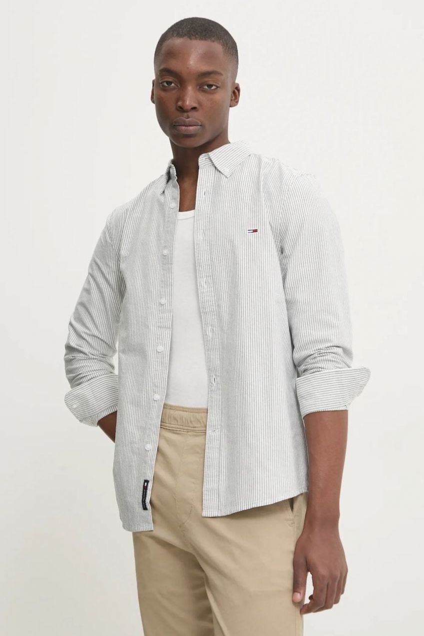 Bavlnená košeľa Tommy Jeans pánska, šedá farba, slim, s golierom button-down, DM0DM20668