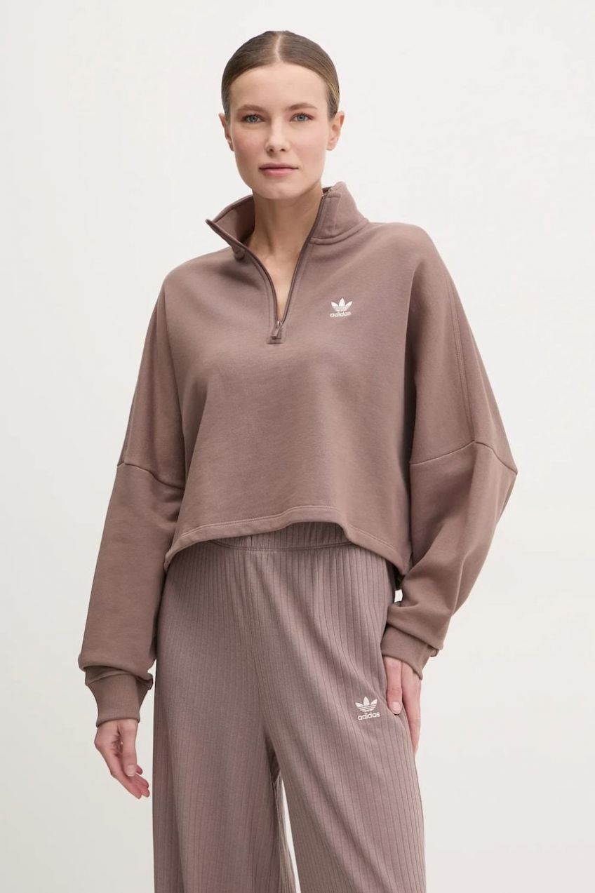 Bavlnená mikina adidas Originals Essential dámska, hnedá farba, jednofarebná, JD0922